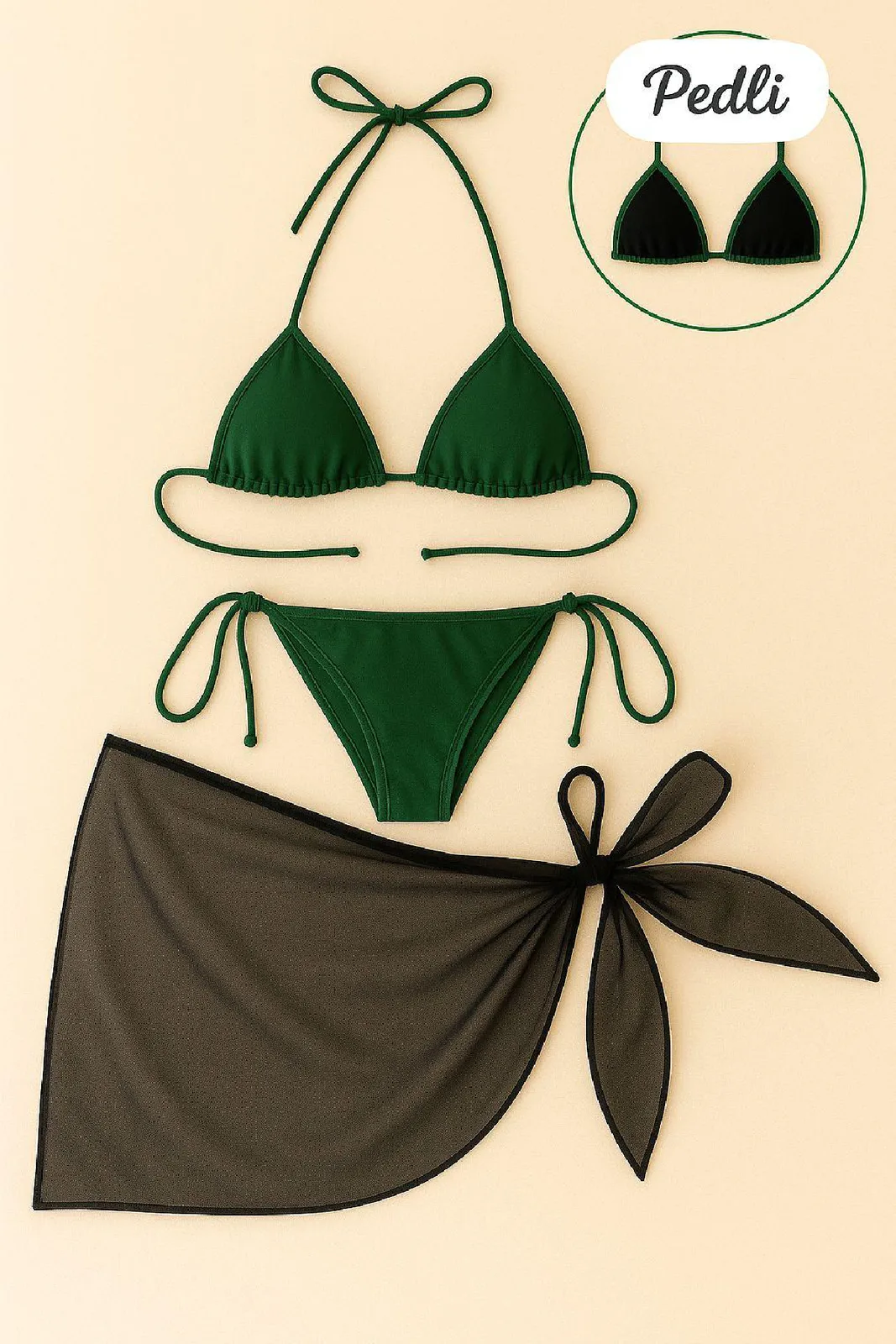Kadın Yeşil Siyah Pareolu Yandan ve Boyundan Bağlamalı 3'LÜ Bikini Takım? — görsel 1