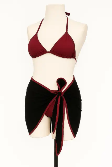 Kadın Bordo Siyah Pareolu Yandan ve Boyundan Bağlamalı 3'LÜ Bikini Takımı — görsel 2