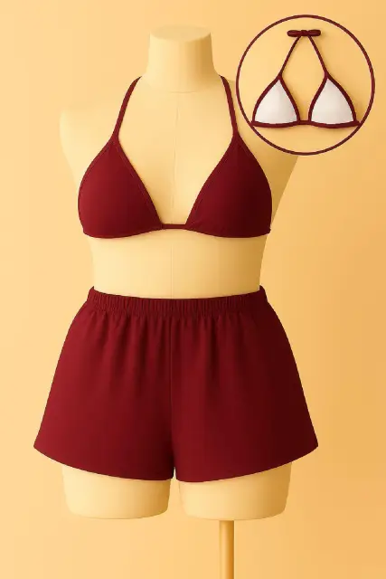 Kadın Bordo Şortlu Belden ve Boyundan Bağlamalı Bikini Takımı — görsel 2
