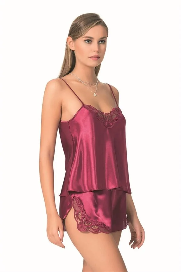 Şık Tasarım Yumuşak Dokulu Dantel İşlemeli Bordo Saten Babydoll Şort Takımı — görsel 1