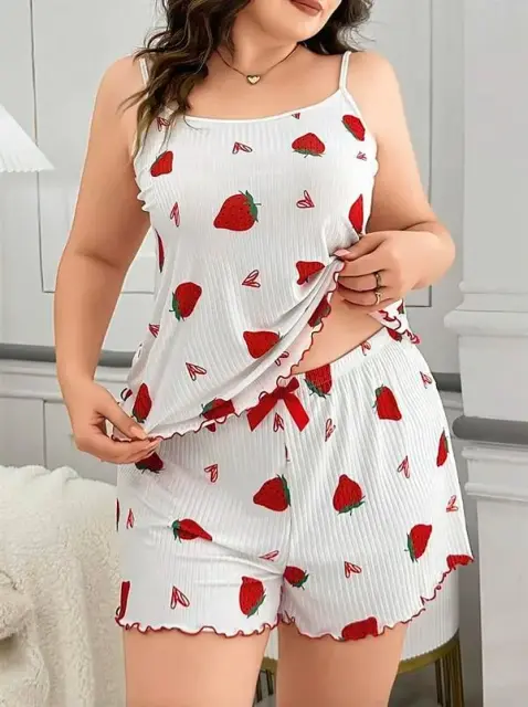 Büyük Beden Çilek Desen Pamuklu Şortlu Pijama Takımı — görsel 3