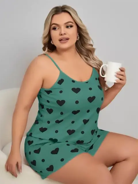 Büyük Beden Yeşil Kalp Desen Pamuklu Şortlu Pijama Takımı — görsel 1
