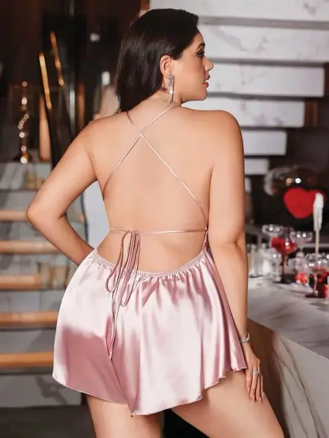 Büyük Beden Pudra Arkadan Bağlamalı Tulum Saten Babydoll Gecelik — görsel 2