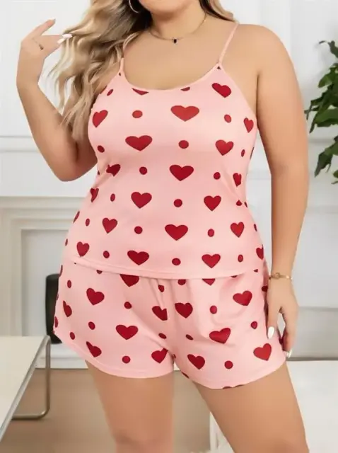 Büyük Beden Pembe Kalp Desen Pamuklu Şortlu Pijama Takımı — görsel 2
