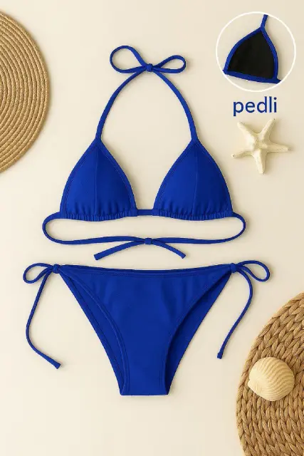 Kadın Mavi Yandan ve Boyundan Bağlamalı Bikini Mayo Takımı — görsel 1