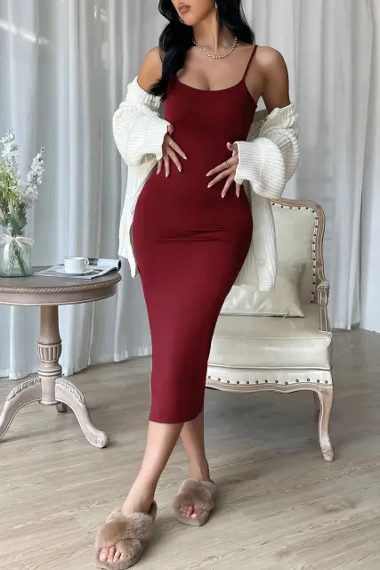Kadın Bordo Yırtmaçlı Diz Altı Vücüdu Saran Gecelik H110446 — görsel 4