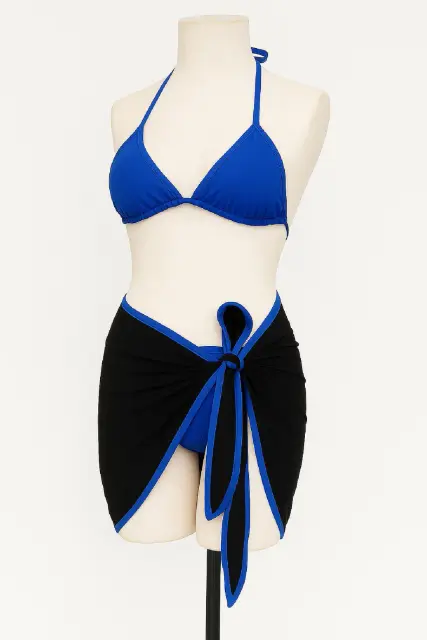 Kadın Mavi Pareolu Yandan ve Boyundan Bağlamalı 3'LÜ Bikini Takımı — görsel 2