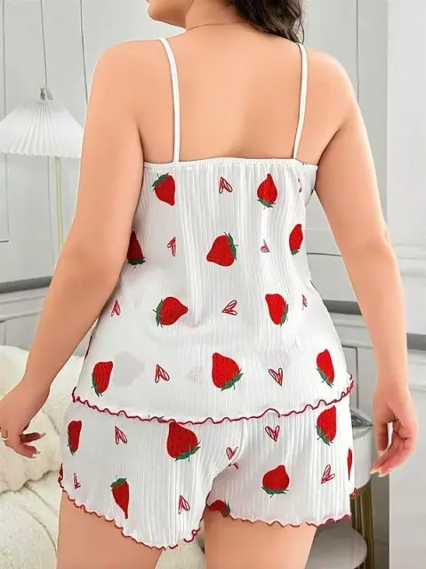 Büyük Beden Çilek Desen Pamuklu Şortlu Pijama Takımı — görsel 4