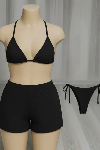 Kadın 3'LÜ Set Siyah Şortlu ve Yandan Bağlamalı Bikini Mayo Takımı — görsel 3