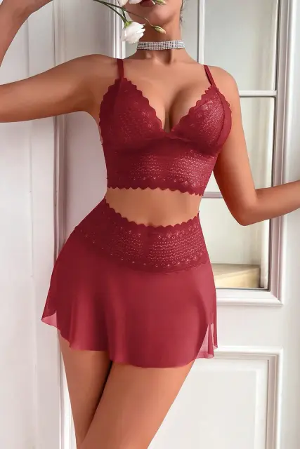 Kadın Bordo Dantel ve Tül Detaylı Etekli Şık Gecelik Takımı H110441 — görsel 4