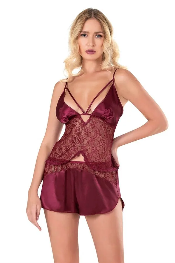 Bordo Saten Babydoll Şort Takımı — görsel 1