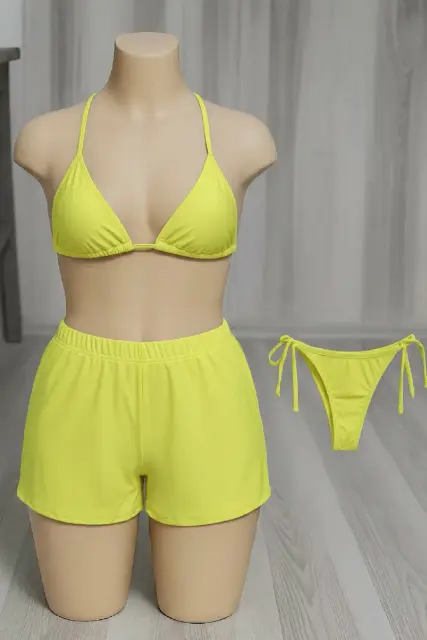 Kadın 3'LÜ Set Fosforlu Şortlu ve Yandan Bağlamalı Bikini Mayo Takımı — görsel 3