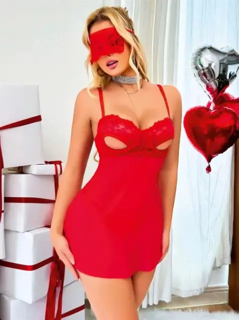 Kırmızı Göğüs Dekolteli Göz Bantlı Fantezi String Tül Gecelik Takımı — görsel 3