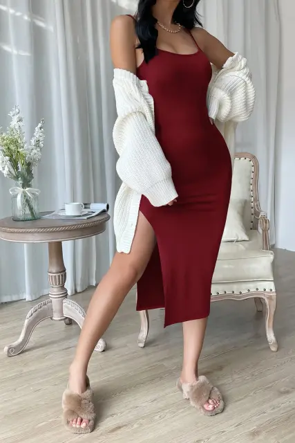 Kadın Bordo Yırtmaçlı Diz Altı Vücüdu Saran Gecelik H110446 — görsel 5