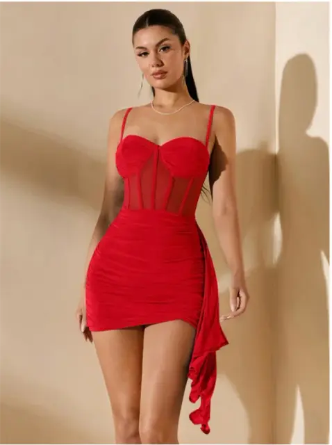 Özel Şık Tasarım Kırmızı Korse Görünümlü Mini Club Elbisesi — görsel 3