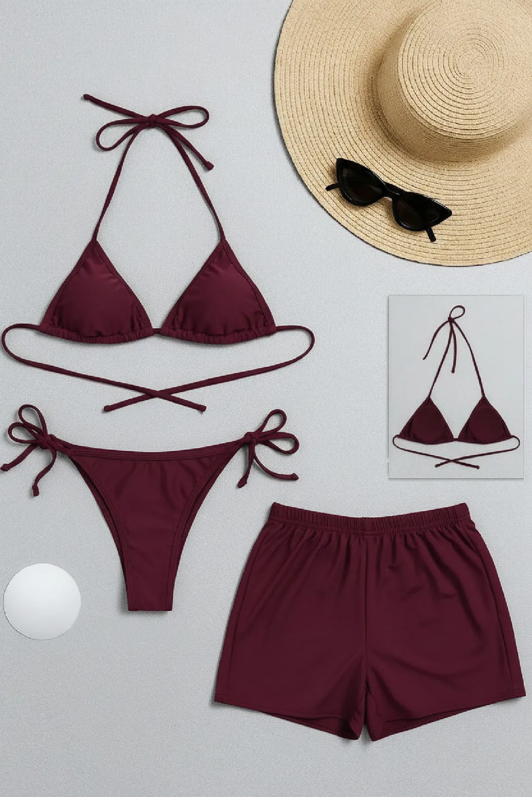 Kadın 3'LÜ Set Bordo Şortlu ve Yandan Bağlamalı Bikini Mayo Takımı — görsel 1